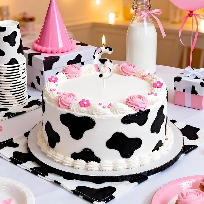 Number 6 Birthday Candle for Cake – Cow Print Design in White Black Pink – Farm Theme & Cowgirl Party Cake Topper Decoration