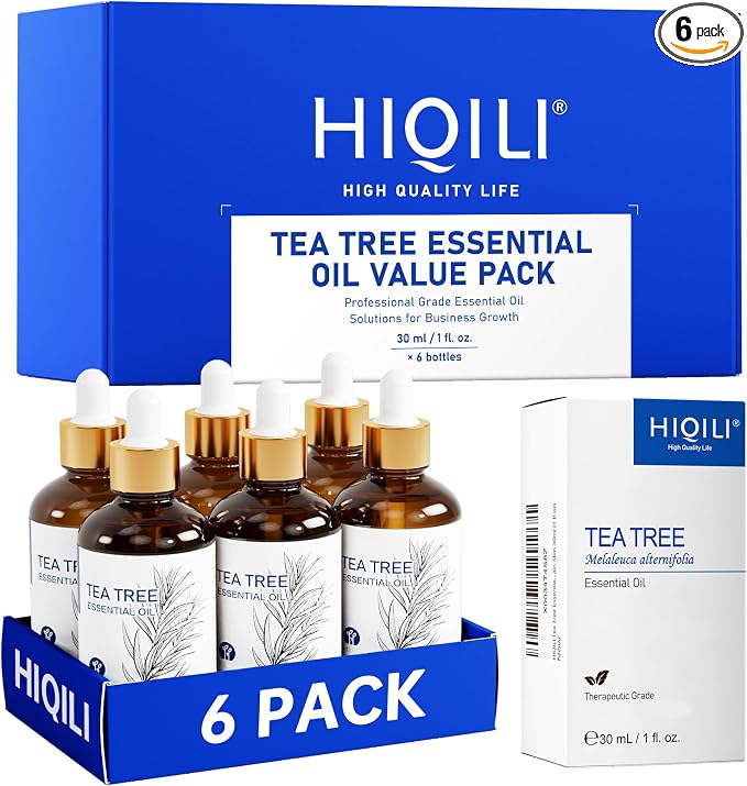 HIQILI Tea Tree Oil Set - 1 fl oz (6 Pack), Bulk Pack for Business Purchase, Ideal for Nail and Body Care, Diffuser, DIY, Holiday Gift & Home Use