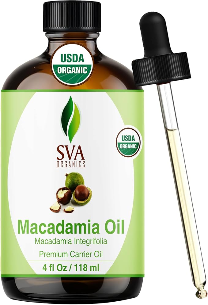 SVA Macadamia Seed Oil Organic - 4 Fl Oz – 100% Natural Cold Pressed Organic Macadamia Oil - for Face, Skin Care, Hair Care, Scalp Massage & Body Massage – Carrier Oil with Dropper