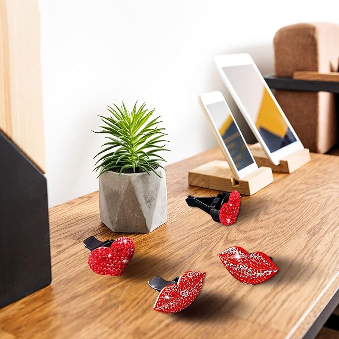 Bling 5 Pcs Red Lips Air Vent Clips, Heart Shape Crystal Car Decor - Women Rhinestone Diffuser Vent Clip Cute Car Accessories (Red lips)