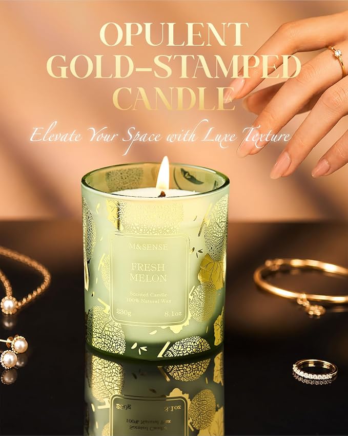 M&SENSE Fresh Melon Scented Vegan Soy Candles, 8.1oz Non Toxic Summer Aromatherapy Candle for Home Decor, 42-Hour Burn Time, Fresh Smelling Good Scented Candle for Bathroom Decor