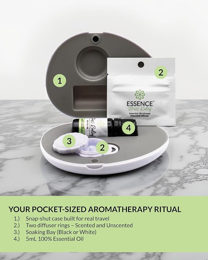 Essence Pearl Travel Case | Stress Relief Essential Oil | Aromatherapy Nasal Diffuser & Essential Oil Carrying Case | Lavender & Copaiba Blend | Travel-Friendly Kit | White Pod