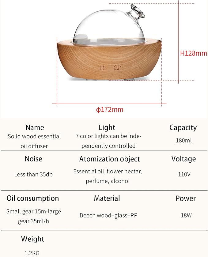 Glass Essential Oil Diffuser with Real Wood Base, 180ml Aromatherapy Diffuser with 2 Mist Modes, 7 Colors LED Light Ultrasonic Cool Mist Humidifier for Home and Office