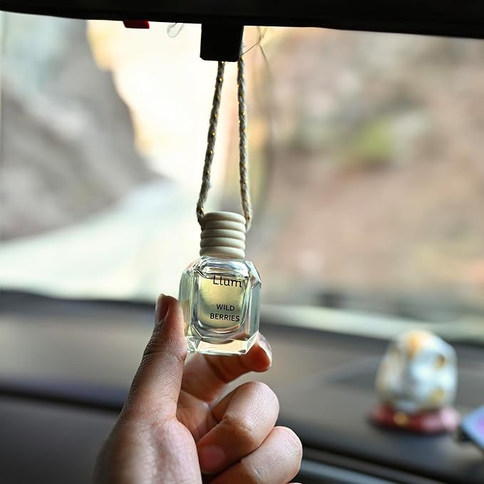 Llum Wild Berries Hanging Car Air Freshener – Luxury Automotive Perfume Diffuser 10ml (0.34 fl oz), Long-Lasting Fragrance, Alcohol-Free Non-Toxic Car Scent, Glass Bottle With Wood Cap