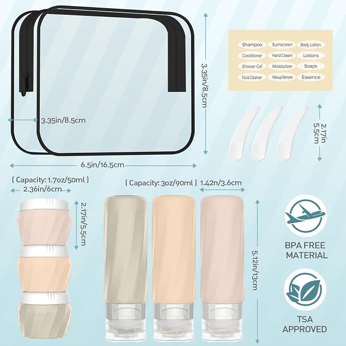 6Pcs Travel Bottles for Toiletries, TSA Approved Travel Size Toiletries Containers Set, BPA-FREE Silicone Leak Proof Refillable Bottles and Jars, Women & Men Airplane Cruise Essentials Kit(CREAM)