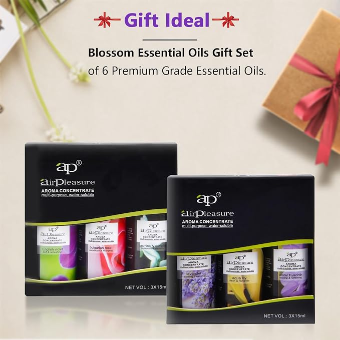 Blossom Essential Oils Set, 6x15ml Aromatherapy Oil Kit for Diffuser, Humidifier, Air Purifier- Aqua Lily, Water Hyacinth, Jasmine & Camellia, English Violet, Bulgarian Rose, Lavender