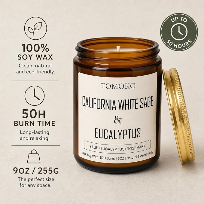 TOMOKO California White Sage & Eucalyptus Scented Candle, 100% Soy Wax, Natural Essential Oils, Amber Jar, 9 oz, 50-Hour Burn