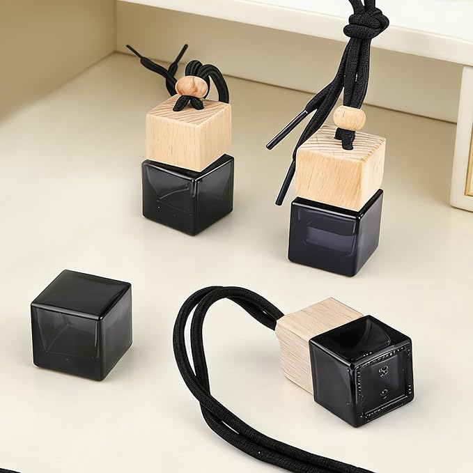 4 Pcs Hanging Car Air Freshener Bottles, Empty Black Glass Diffuser with Essential Oil - Refillable Aromatherapy Pendant for Auto, Home, Office Decor (Square, Cube Shape)