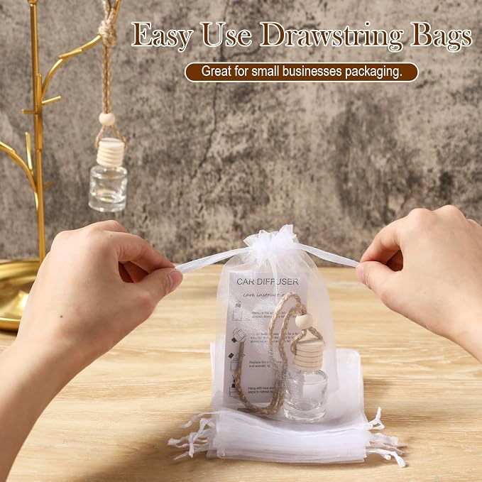 Boao 50 Sets Hanging Car Air Freshener Diffuser Bottles Empty Bulk with Car Diffuser Instruction Cards Organza Bags Glass Refillable Essential Oil Fragrance Aromatherapy Pendant (Cylindrical,Clear)