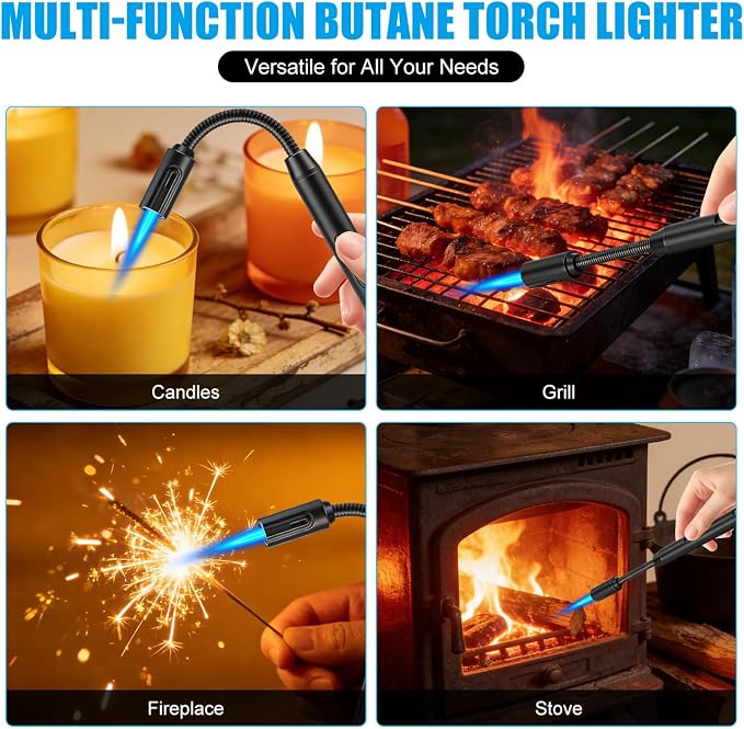 LcFun Torch Lighter Refillable Butane Lighters Long Stem with Flexible Neck and Visible Fuel Tank, Windproof Jet Flame Long Matches for Candles Grill Fireplace Kitchen Camping (Butane Not Included)