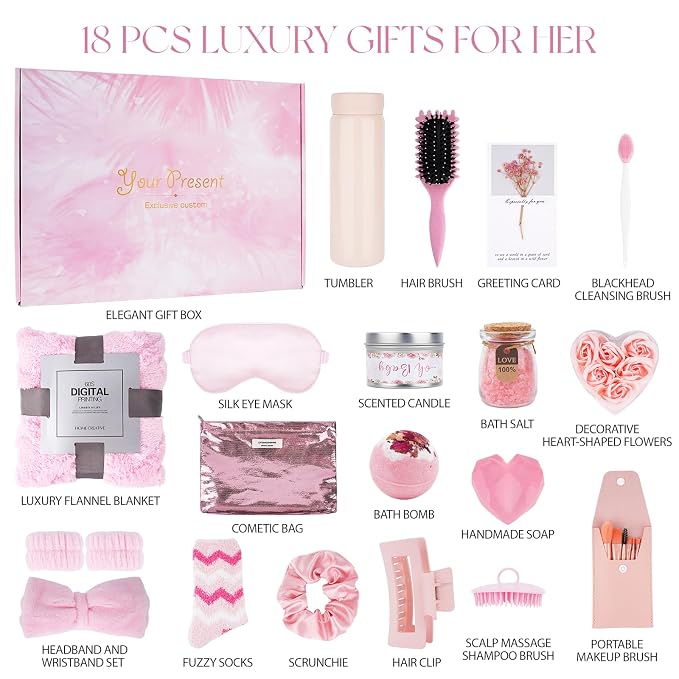Birthday Gifts for Women, 18PCS Relaxing Spa Gift Basket Self Care Gifts, Unique Gift Ideas for Mom Her Friend Wife Sister, Christmas, Mother's Day, Valentine's Day, Get Well Gift