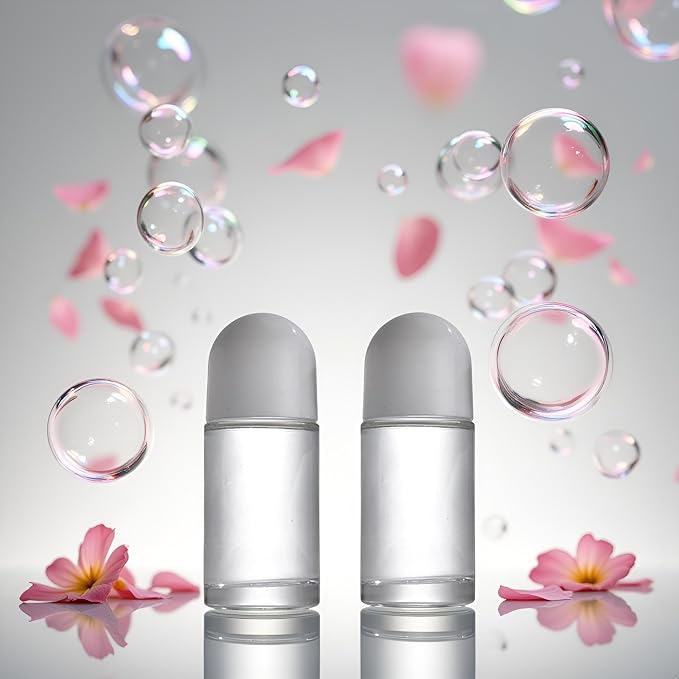 2Pcs White 50ML Glass Empty Roller Bottles with Plastic Roller Ball, Deodorant Roll On Containers Leak Proof Massage Ball Bottles with Cap for Essential Oil Perfume Cosmetics