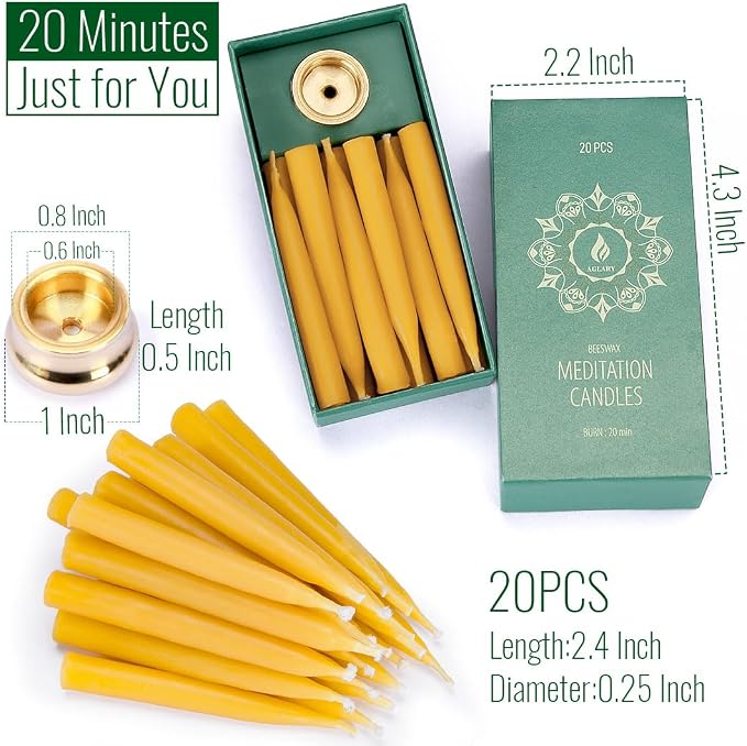 20 Minute Pure Beeswax Candles, Dripless Meditation Candles, Mini Taper Candles, Set of 20 with Brass Candle Holders.