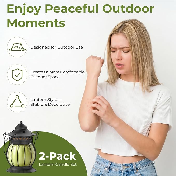 Citronella Candles Outdoor, 2 Pack 6oz Lemongrass Scented Soy Wax Candles with Vintage Metal Lantern Holder, Outdoor Candle for Patio Garden Camping Decor, Yellow Green Gift Set for Women