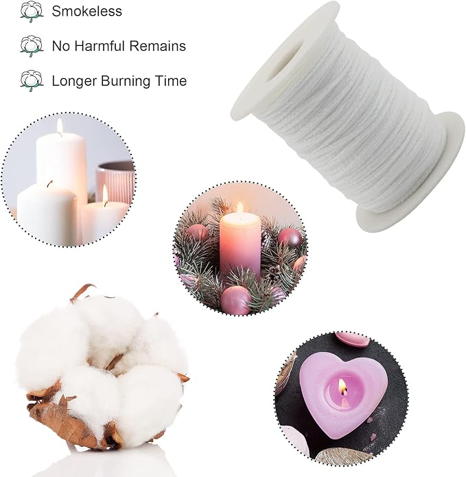 Candle Wick Roll, RAPUDA 200 Ft 24 PLY Braided Wick Spool, 2 Pcs Metal Candle Wick Holders,100 Pcs Metal Sustainer Tabs, 60 pcs Candle Thread Stickers for Candle DIY Craft Making