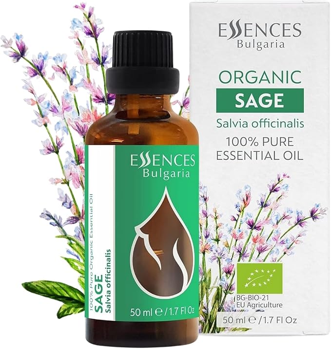 Essences Bulgaria Organic Sage Essential Oil 1,7 Fl Oz | 50ml | Salvia officinalis | 100% Pure and Natural | Undiluted | Therapeutic Grade | Family Owned Farm | Steam-Distilled | Non-GMO | Vegan