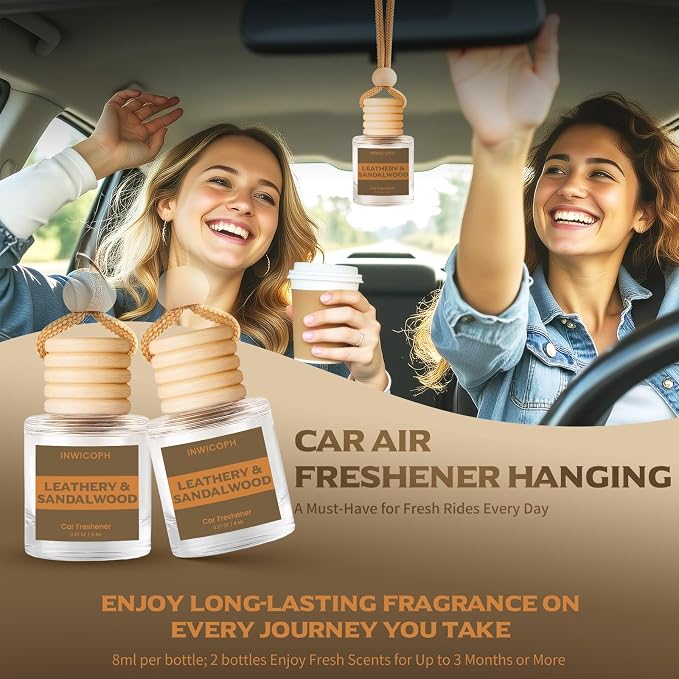 Car Air Freshener Diffuser Hanging, Leathery & Sandalwood Fragrance Oil