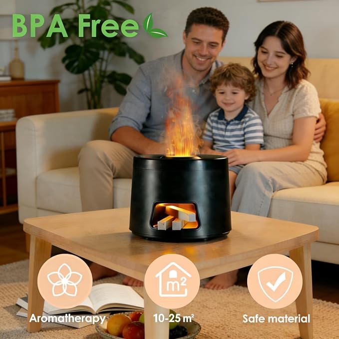 180ml Quiet Aromatherapy Diffuser, Ultrasonic Essential Oil Humidifier with Auto Shut-Off & 7-Color Flame Light for Home Bedroom Living Room Kitchen (Black)