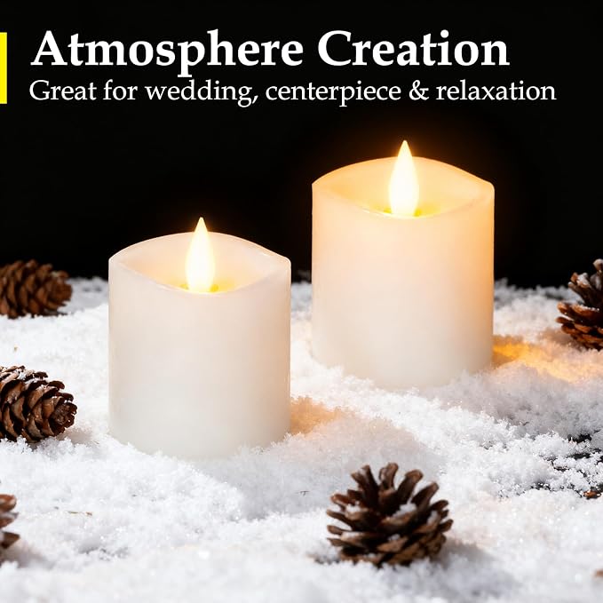 Flickering Flameless Candles Battery Operated with Remote Timer - Realistic 3D Moving Flame Candles, 600+ Hours Long-Lasting White LED Wax Candles for Wedding Home Decor, 3x3 Inch Set of 2