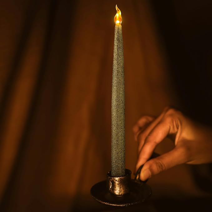 FURORA LIGHTING Flameless Gold Glitter Taper Candles, Amber Flicker, 6/18 Timer, Battery Operated — Ideal for Home décor and Holiday displays.