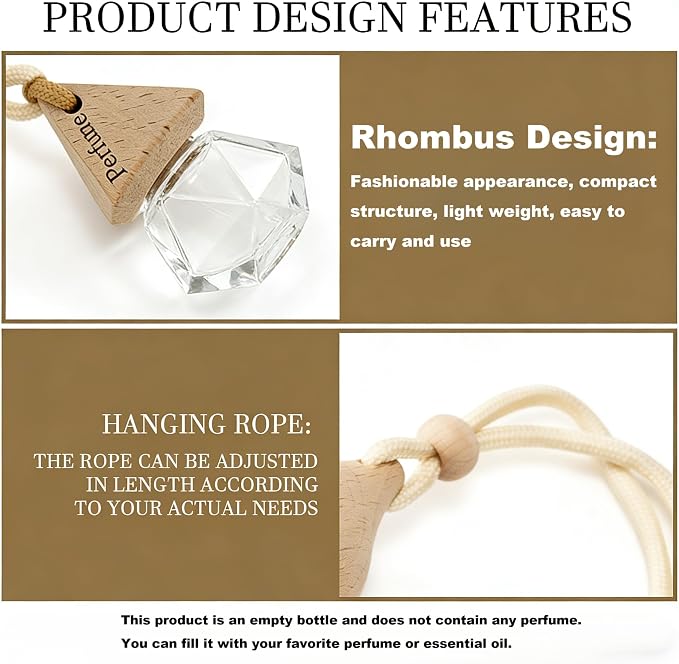 2-Pack Rhombus Refillable Hanging Car Diffuser Empty Glass Bottle | Wood cap hanging aroma pendant with dropper, holds essential oils for car home closet office