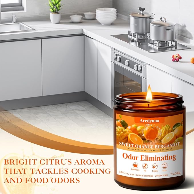 Sweet Orange Bergamot Odor Eliminating Candle | Eliminates 95% of Pet, Smoke, Food & Other Smells – Fresh Air Scented Candle Gentle for Family - Up to 50 Hour Burn time - 7 Oz Natural Soy Wax