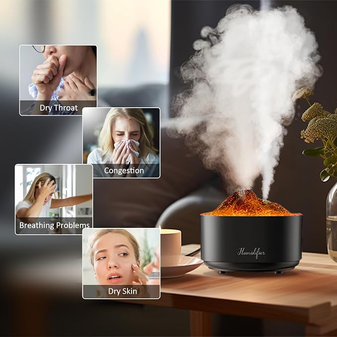 Humidifier for Bedroom,1.5L Volcano Essential Oil Diffuser,Air Diffuser with Premium Flame Lights Dual Nozzle Design, Auto Shut-Off USB Desk Humidifier, Ultra-Silent for Bedroom Travel Office.