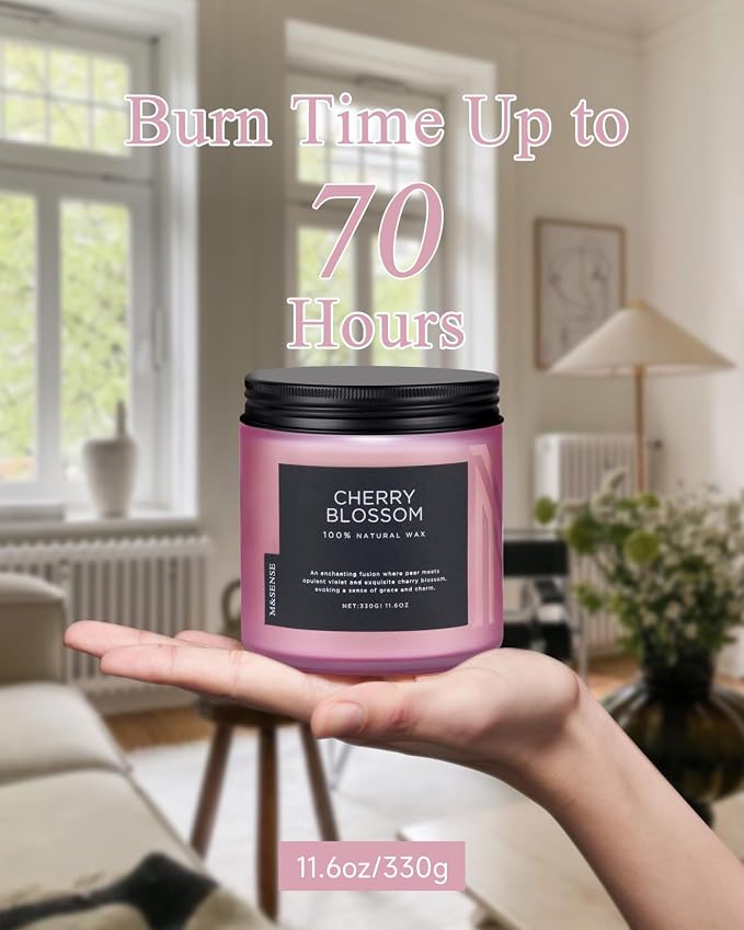 M&SENSE Cherry Blossom Home Scented Candles, 11.6oz Natural Soy Wax, Non-Toxic Clean Burning, 70-Hour Burn Time, Spring Floral Aromatherapy for Stress Relief & Relax, Relaxing Candle Gifts for Mom