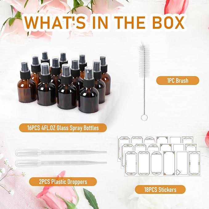 Jaisie.W 4 oz Glass Spray Bottles with Fine Mist Sprayer 16 Pack - Amber Refillable Empty Containers for Essential Oils, Perfumes, Toner, Hair, Skin Care, Plants, Cleaning Solutions & Travel