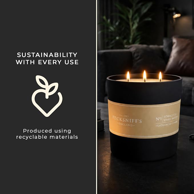 Pecksniff's Black Luxurious 3-Wick Tobacco & White Wood Scented Candle – 18.1 Oz/515g – with Metal Lid Relaxation and Elevated Home Ambiance