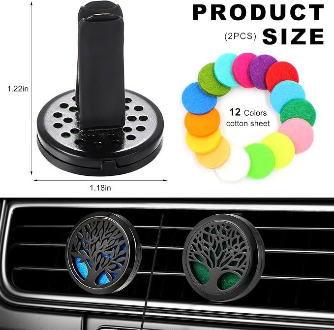 KVAEY 2PCS 30mm Car Diffuser Vent Clips, Tree of Life Aromatherapy Essential Oil Diffuser Locket with 12 Felt Pads, Stainless Steel Car Diffuser Locket Air Freshener (Style 5)