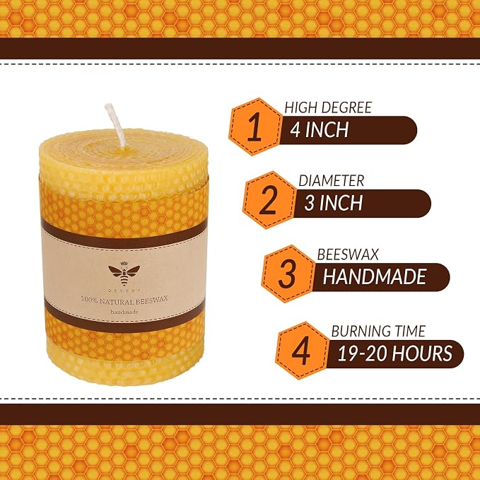 DEYBBY 3×4 in Beeswax Pillar Candle - Handmade Pure Organic Beeswax Honeycomb Rolled Candle for Home Study Decor Housewarming GFT