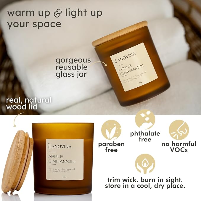 Anovina Apple Cinnamon Candles – Cozy Apple & Cinnamon Scented Candle – Non-Toxic Soy Wax, Long-Lasting Fall & Christmas Home Décor, Holiday Gifts for Women & Home Fragrance