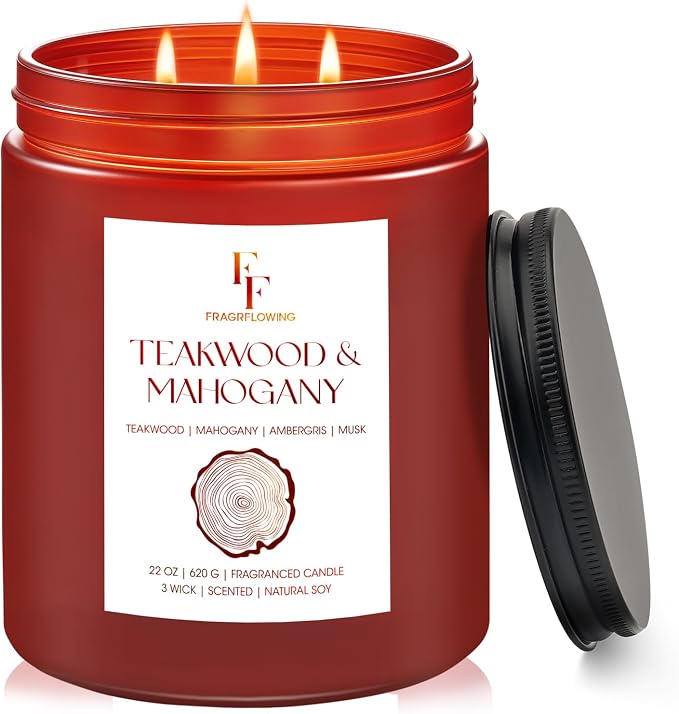 Teakwood & Mahogany Large Christmas Scented Candle, 3-Wick 22oz Long Lasting Scented Candle, Natural Soy Wax Aromatherapy Candle for Home, Holiday Candle Gifts for Women Men