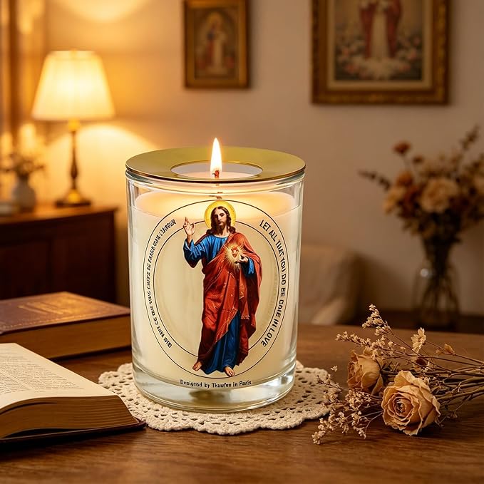 Sacred Heart Jesus Frankincense Lavender Scented Candle 50 Hours with Warmer Ring│Hand-Poured Soy Wax│Family Protection, Success, Redemption, Healing, Forgiveness│Design in Paris│3“×3.6”