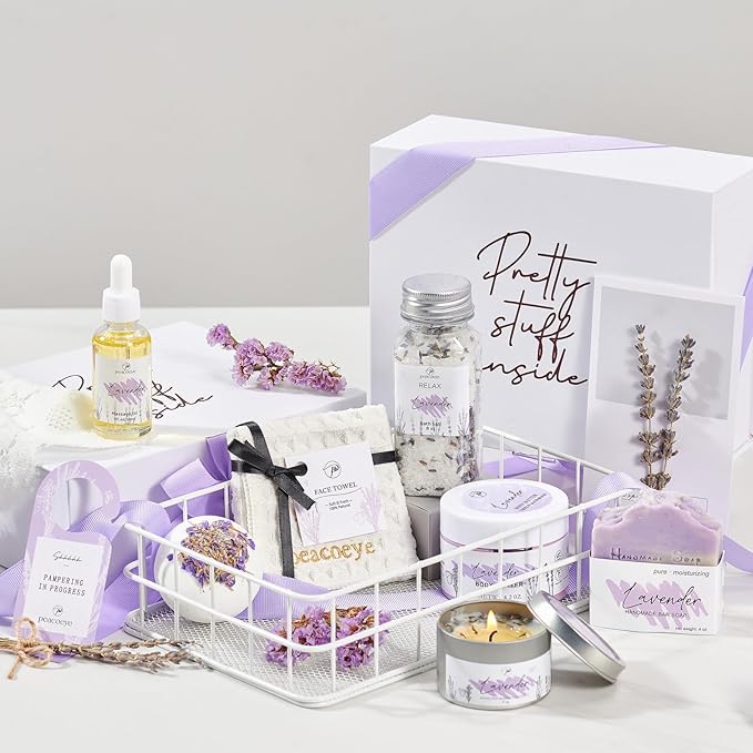 Mothers Day Gifts for Mom Spa Bath Gift Baskets Relaxing Spa Self Care for Women Her Sister Wife Bridal Shower Gifts Box Home Bath Care Package Thank You Birthday (Purple -Spa for Women)