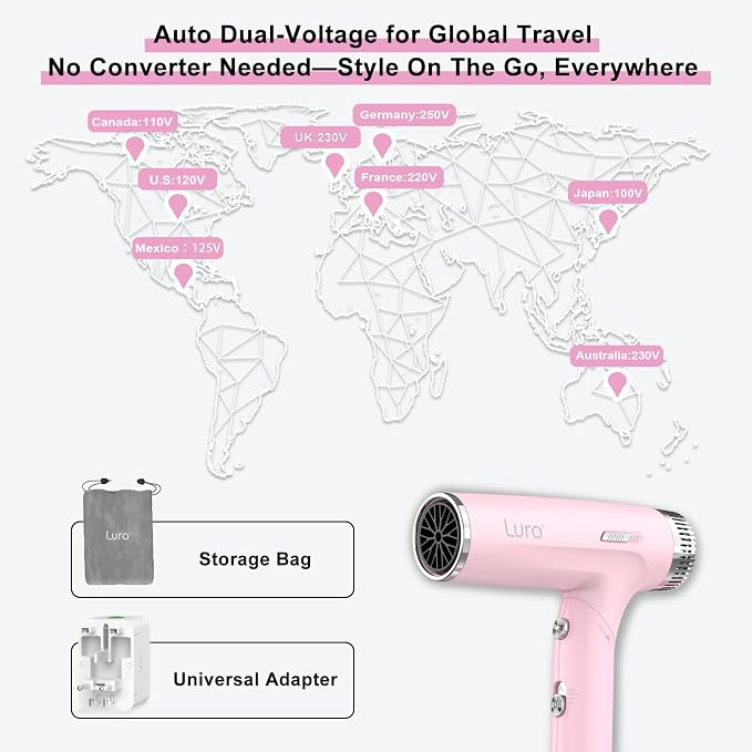LURA Auto Dual Voltage Hair Dryer for International Travel,Travel HairDryers with Difffuser,Small Portable Blow Dryer for Women Lightweight,Compact Mini Blowdryers with Folding Hand for Kids(Pink)