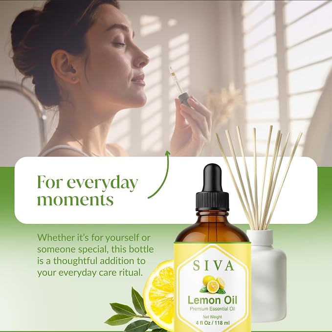 Siva Lemon Essential Oil - 4 Fl Oz – 100% Natural Lemon Oil - for Diffuser, Face, Skin Care, Aromatherapy, Hair Care, Scalp and Body Massage - with Dropper