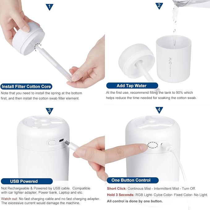 Portable Mini Humidifier, 300ml USB Cool Mist Small Humidifier with Colorful Lights. Perfect for Bedroom, Office, Plants, travel & Car (Black)