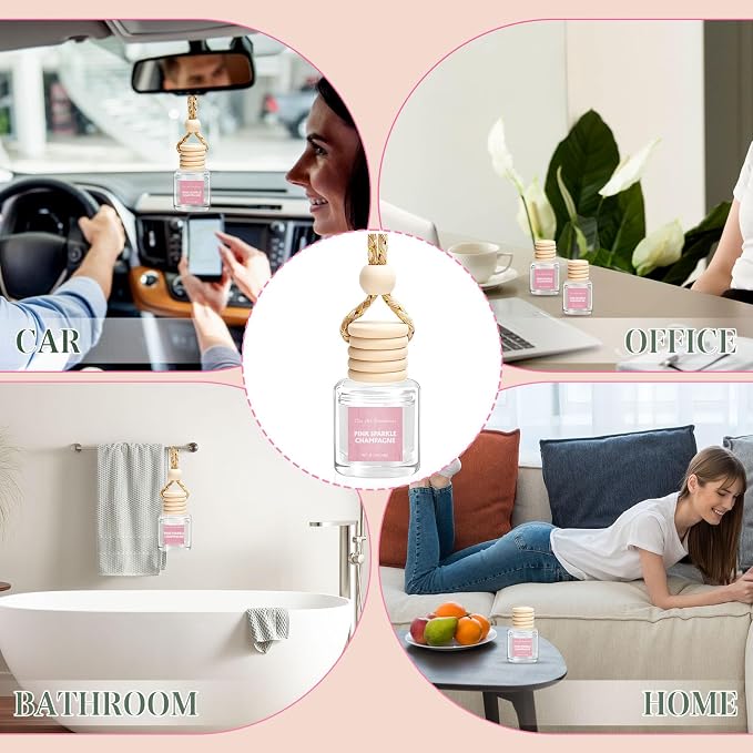 AROIC Car Air Freshener - Pink Sparkle Champagne Fragrance, 6 Pack Long Lasting Essential Oil Fragrance Diffuser, Hanging Cute Automotive Perfumes Interior Decor, Pink Car Accessories for Women & Men