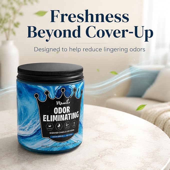 9 oz Ocean Breeze Odor Eliminating Candles for Home Scented, Eliminates 99% of Pet, Smoke, Food and Other Smells Quickly, Highly Fragranced Candle, Premium Soy Candles Set for Women