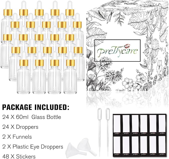 PrettyCare Glass Eye Dropper Bottle 2oz (60ml), 24 Pcs Clear Empty Thick Bottles Bulk with Leakproof Golden Caps - With Labels & Funnels for for Storage, Travel,Essential Oils, DIY Serums, Tincture