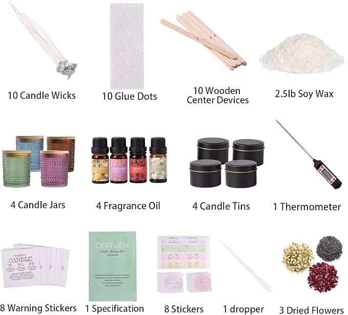 DARJEN Candle Making Kits for Adults- Candle Making Supplies with 4 Candle Jars(Amber, Purple, Blue, Green), Candle Tins, Soy Wax, Scents, Dried Flower & More, DIY Starter Candle Making Kit Home Decor
