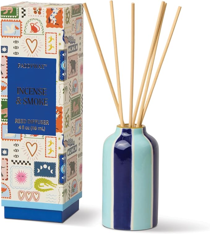 Paddywax A Dopo Reed Diffuser with Wooden Reeds, Long Lasting Home Fragrance Oil, Hand Painted Ceramic Vessel, Decorative Scent for Home, Giftable Box, 4 fl oz, Incense & Smoke