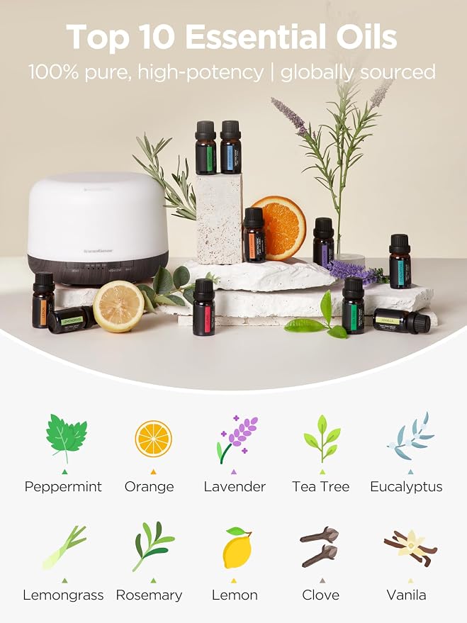 InnoGear Aromatherapy Diffuser & 10 Essential Oils Set, 500ml Essential Oil Diffuser with Remote Control Mother's Gift Ultrasonic Cool Mist Scent Humidifier Vaporizer Auto-Off Timer for Home, Brown