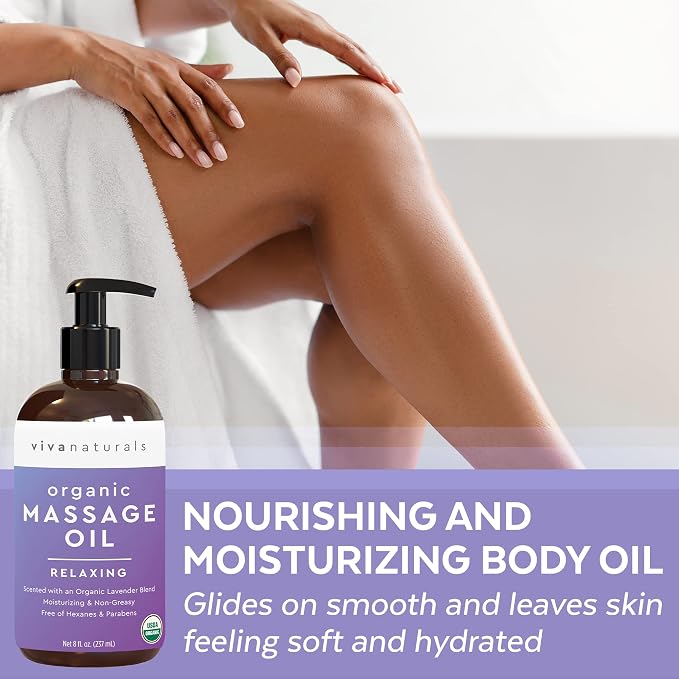 Viva Naturals Organic Massage Oil, Lavender Scented, 8 fl oz (237 mL) – Non-Greasy, Certified Organic Massage Therapy Oils