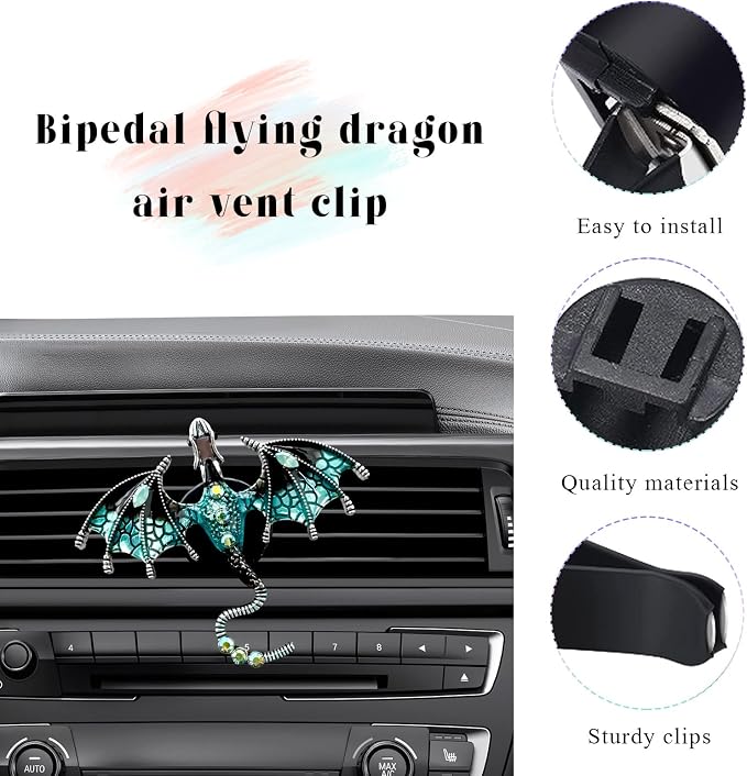 2PCS Bling Wyvern Car Air Freshener Vent Clips, Alloy Enamel Dragon Auto Outlet Clips with Fragrance Tablets, Refillable Cute Flying Dragon Crystal Vent Clip Aroma Diffuser (Blue)