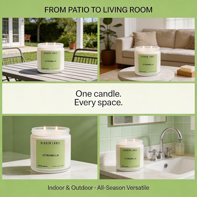 Hidden Label Citronella Candles Outdoor, 12oz 2-Wick, 50H Citrus Fresh | Non-Toxic Vegan Soy Wax | Citrus & Citronella Fresh Outdoor Scent | Even Melt No Tunneling | Patio Deck BBQ Indoor