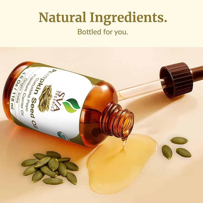 SVA Pumpkin Seed Oil Organic - 4 Fl Oz – 100% Natural Cold Pressed Organic Pumpkin oil - for Face, Skin Care, Hair Care, Scalp Massage & Body Massage – Carrier Oil with Dropper