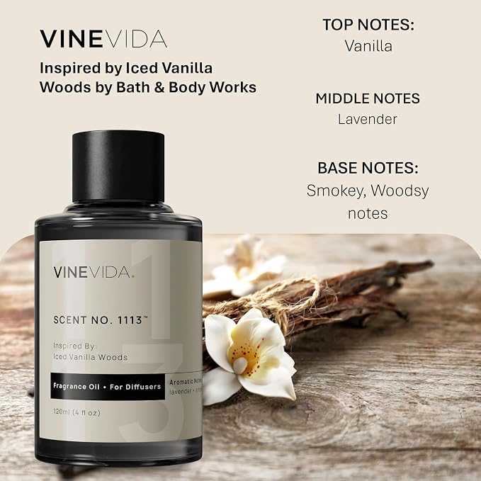 VINEVIDA [4 Fl Oz] Scent NO. 1113 Fragrance Oil for Cold Air Diffusers, Aromatic Notes of Vanilla, Lavender, Smokey & Woodsy Notes Essential Oils for Diffuser Oil Refill & Air Freshener Spray